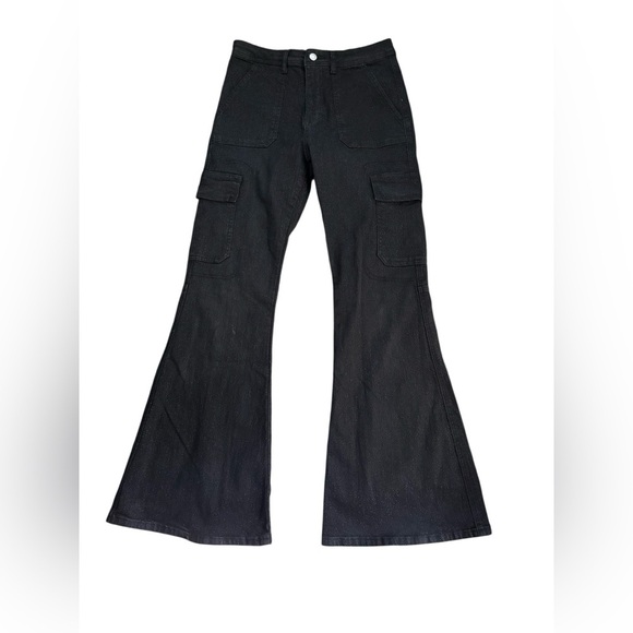 Forever 21 Juniors Black Glitter Cargo High Rise Flare Leg Jean 29X32” Stretch - Picture 1 of 8